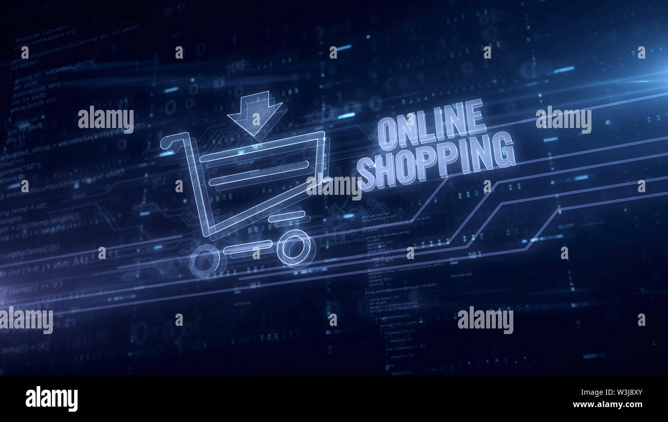 Shopping online ologramma blu 3d'illustrazione. Futuristico concetto dello shopping online, internet business, la rete vendita e l'e-commerce in backgr digitale Foto Stock