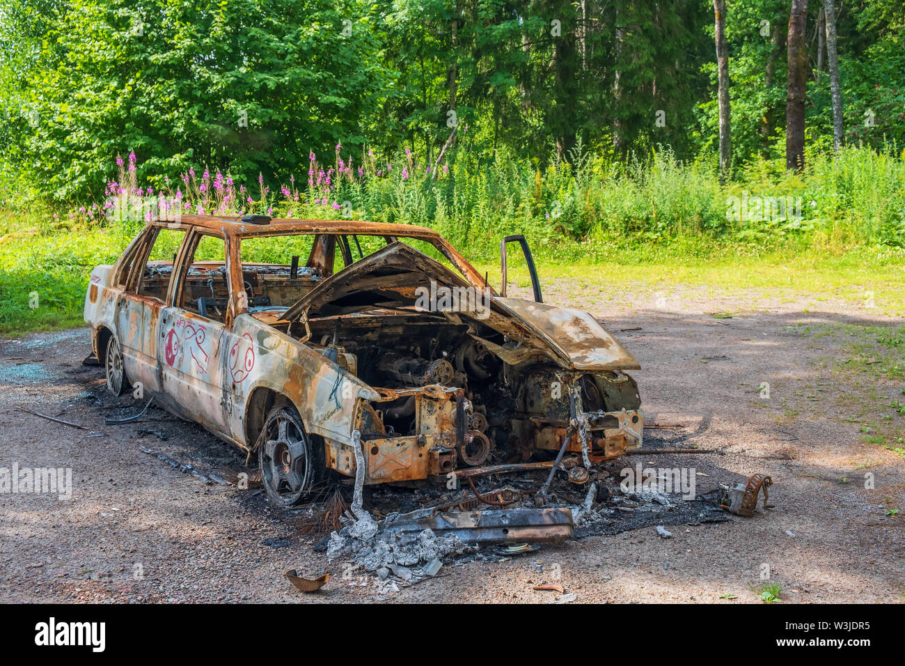 Abbandonato bruciato auto in foresta Foto Stock