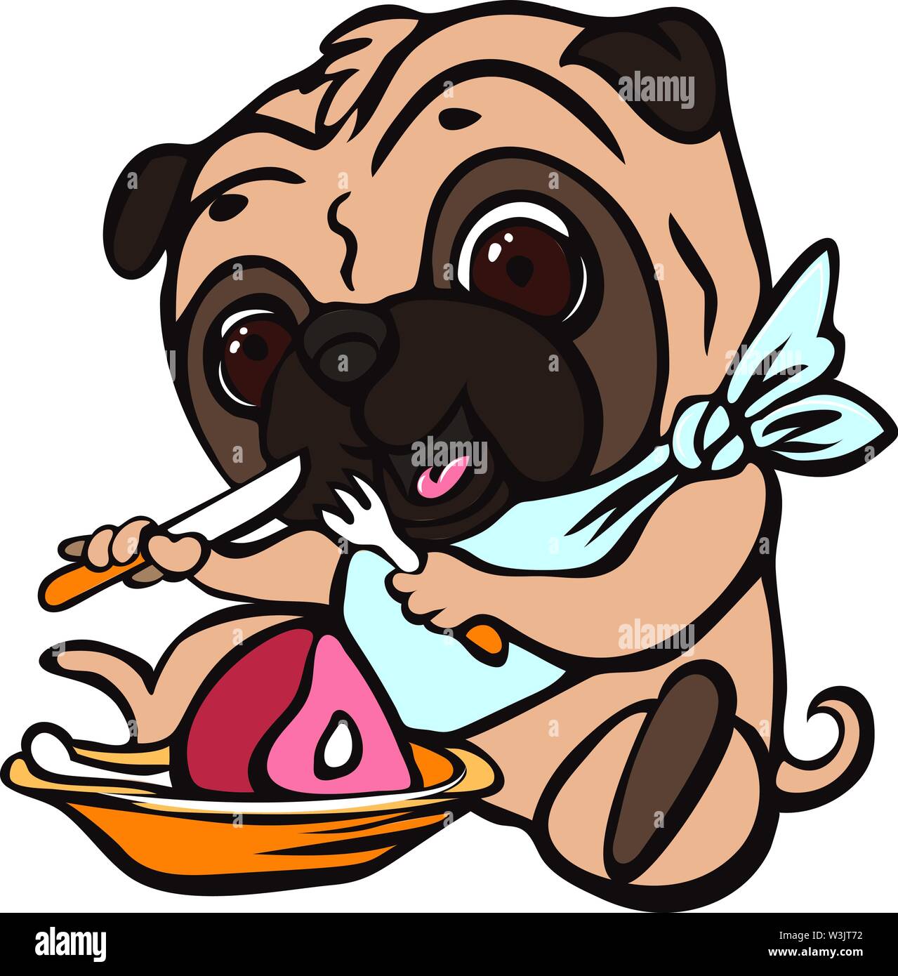 Pug mangiare carne icona. Cartoon di pug mangiare carne icona vettoriali per il web design isolato su sfondo bianco Illustrazione Vettoriale