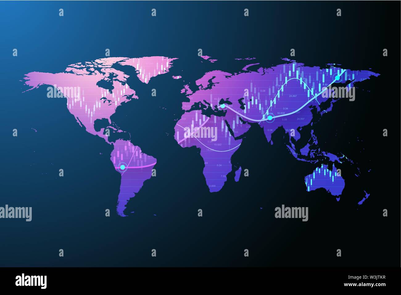 In tutto il mondo mercato azionario o forex trading grafico nel concetto grafico per gli investimenti finanziari o le tendenze economiche business idea design. In tutto il mondo della finanza Illustrazione Vettoriale