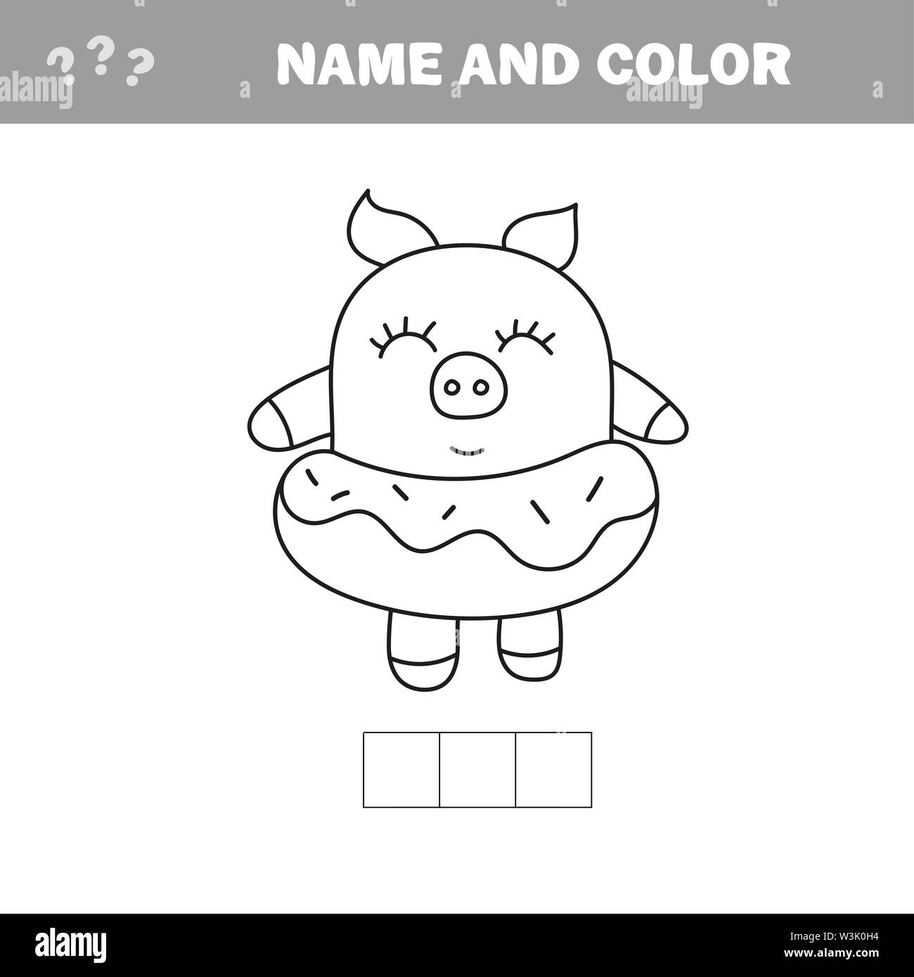 Funny suino con ciambella. Libro da colorare gioco di disegno Illustrazione Vettoriale