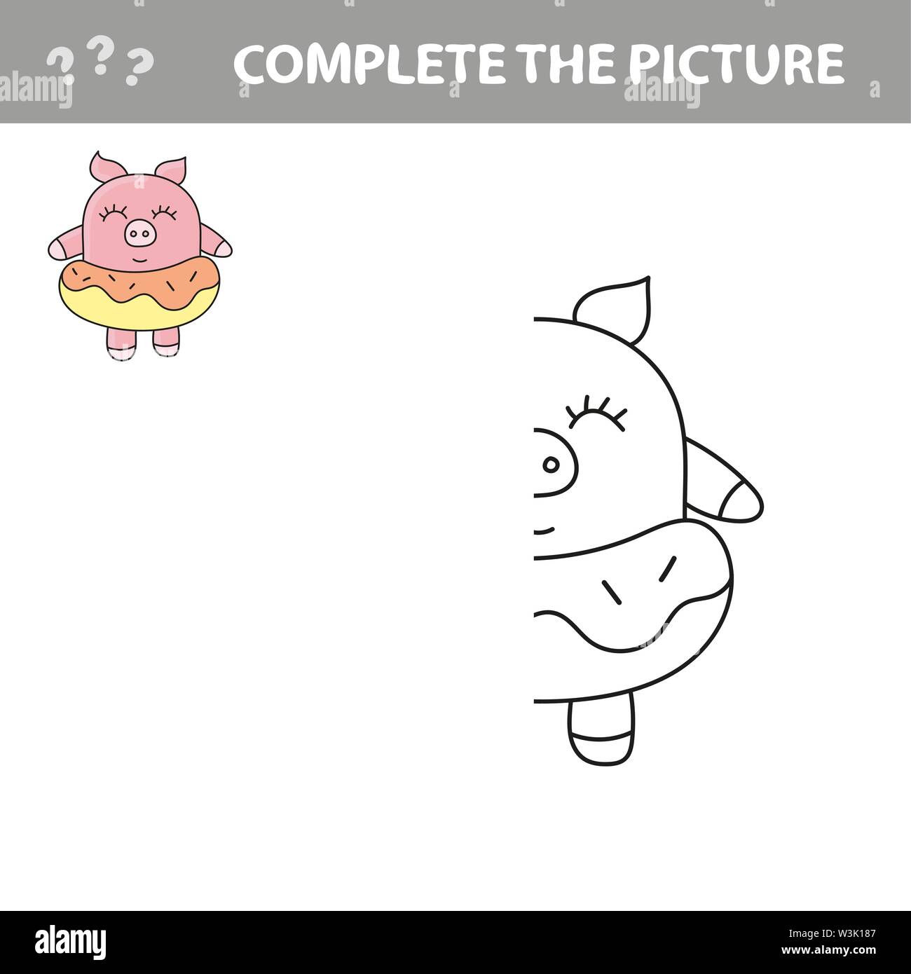 Funny suino con ciambella. Completano il quadro i bambini gioco di disegno Illustrazione Vettoriale