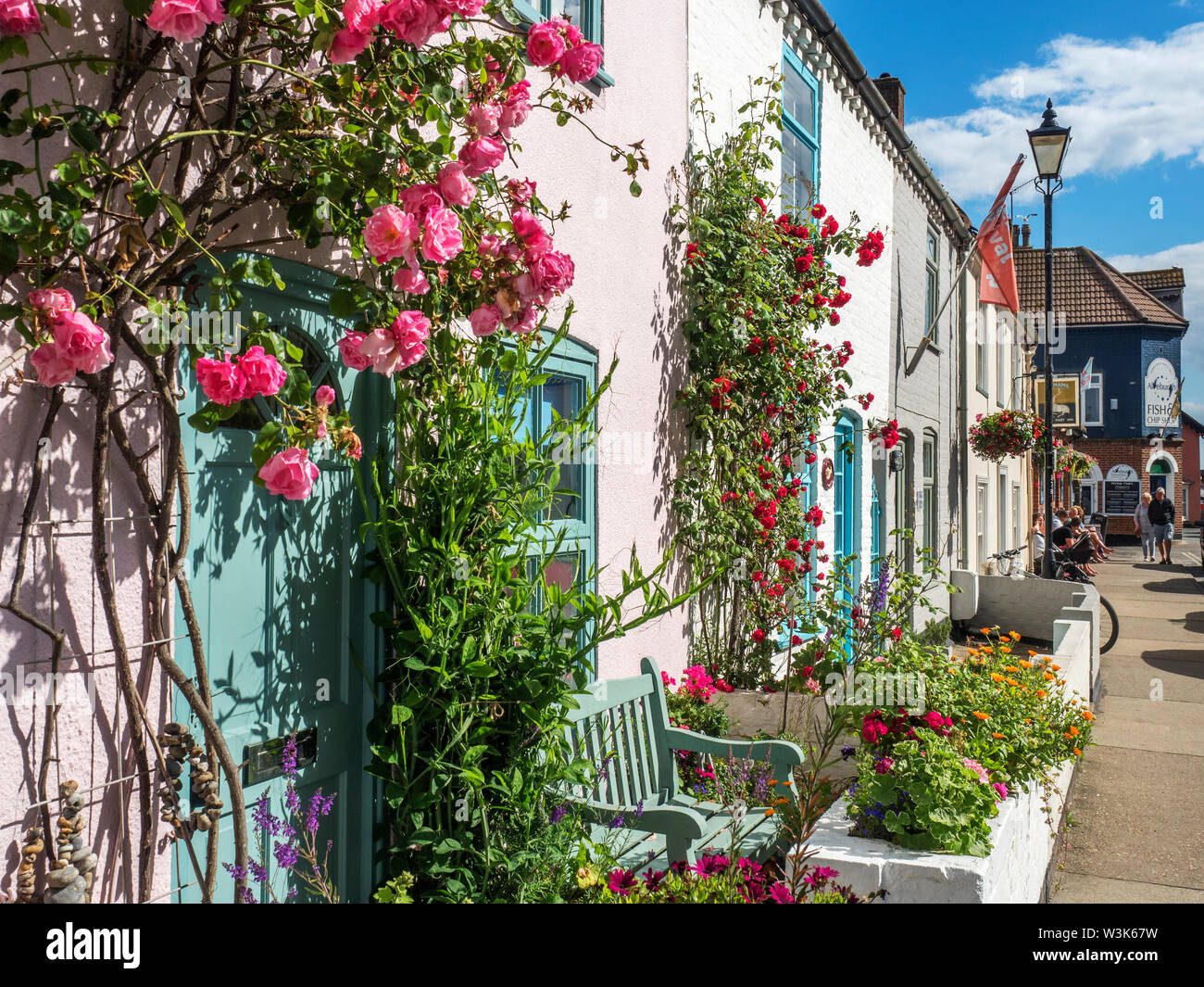 Rose rampicanti su cottage colorati lungo la High Street a Aldeburgh Suffolk in Inghilterra Foto Stock