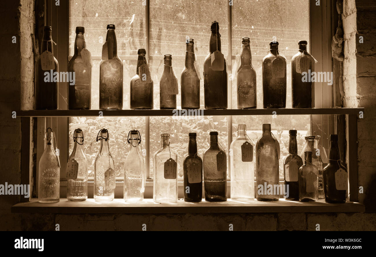 Seppia-tonica immagine di mensole di vetro antico di bottiglie in un negozio vintage nel fiume Arts District, Asheville, North Carolina, Stati Uniti d'America. Foto Stock