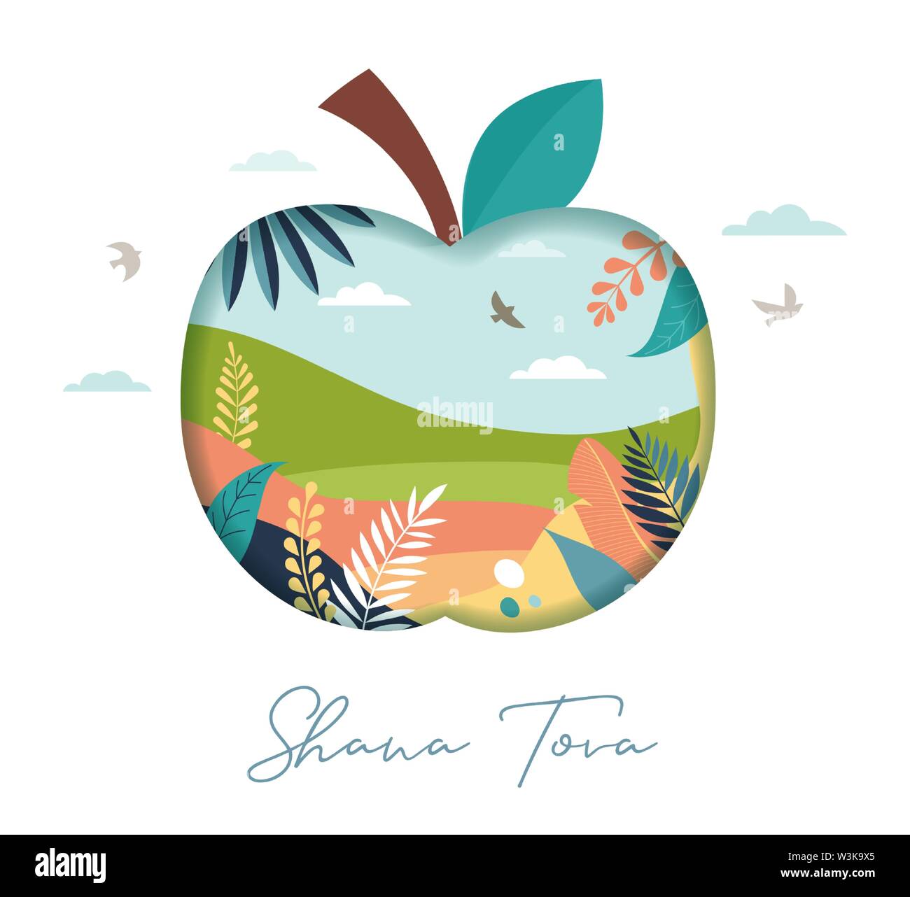 Rosh Hashana, festa ebraica, nuovo anno in scena con una mela, miele, fiori e foglie. Appartamento cartoon illustrazione vettoriale per Ebrei festa religiosa c Illustrazione Vettoriale