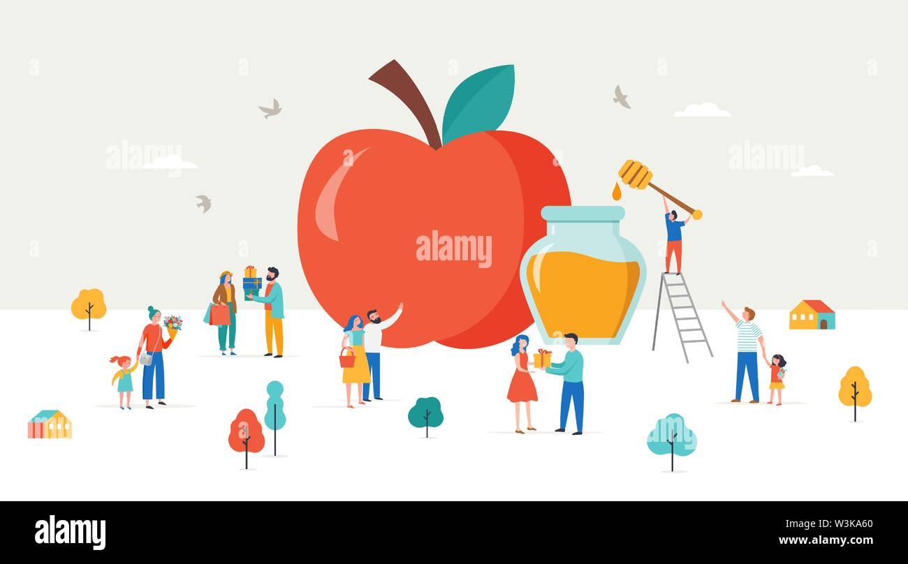 Rosh Hashana, festa ebraica, nuovo anno scena con un apple, minuscoli varios persone, uomini, bambini e donne regali, tenendo fiore, mangiare le mele con h Illustrazione Vettoriale
