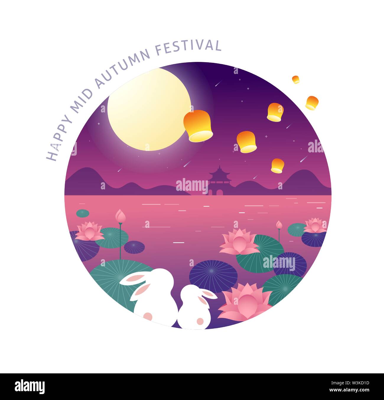 Metà Festa d'autunno. Chuseok, Cinese testo traduzione metà autunno. Banner di vettore, lo sfondo e il poster con mooncake, conigli, coniglietti e pieno mo Illustrazione Vettoriale