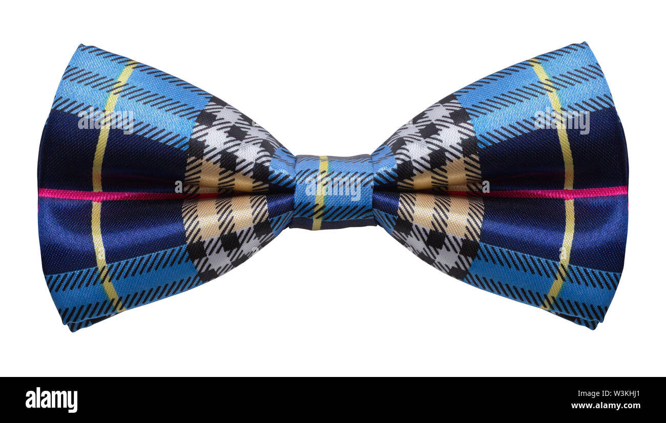 Blue Plaid Bow Tie Ritagliata su bianco. Foto Stock