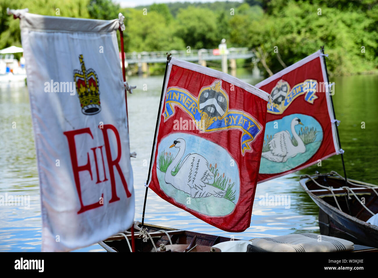 I tradizionali fiamme e bandiere del Cigno reale tomaie, Luglio 2019 Foto Stock