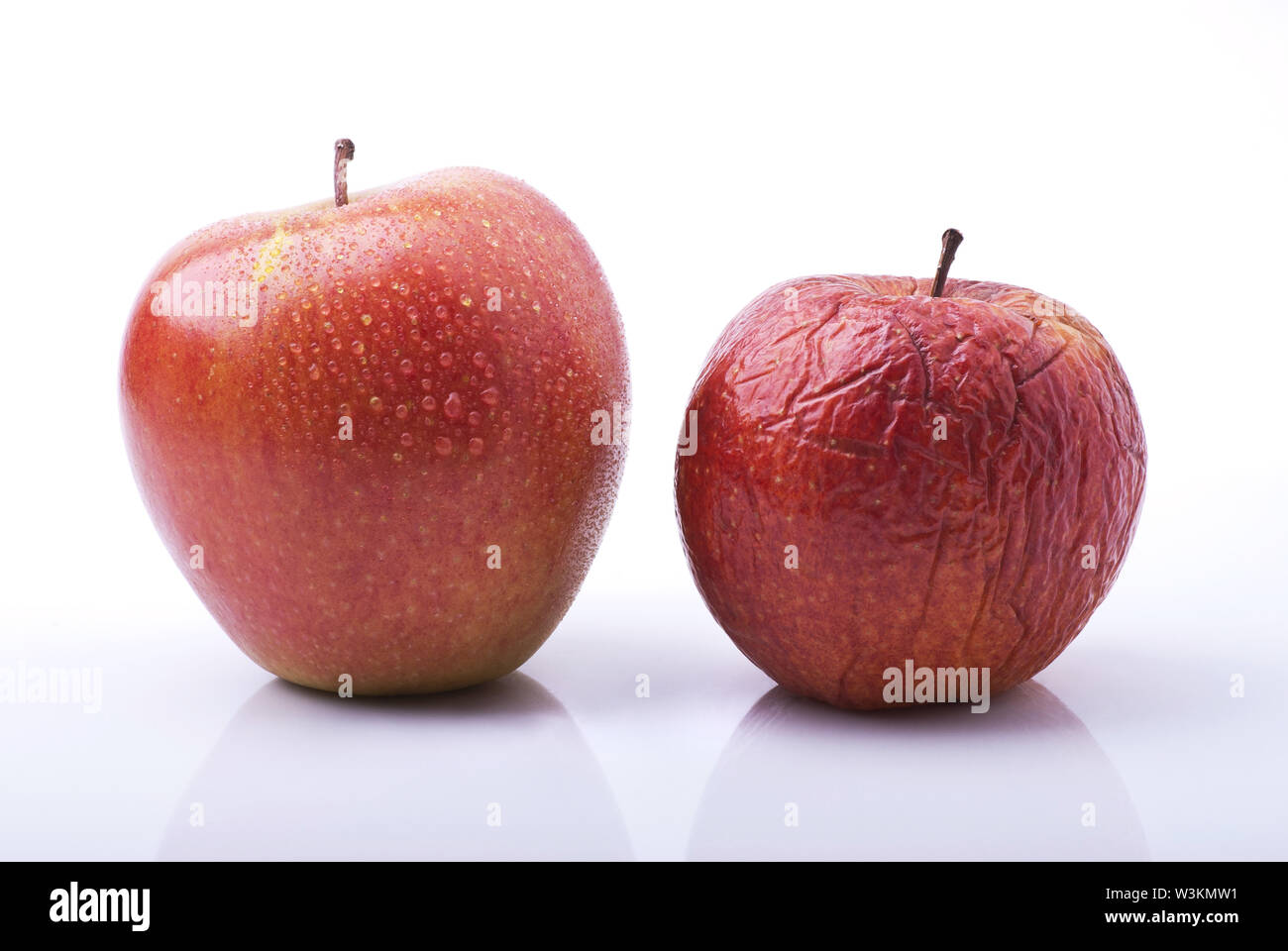 Metafora concettuale.il passare del tempo rappresentato da due mele, uno freschi, sani e belli gli altri essiccato tramite il passato di tempo Foto Stock
