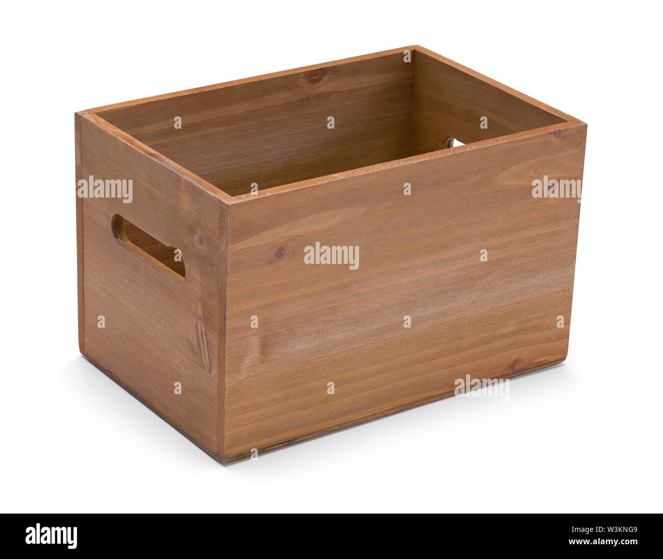Aprire piccola scatola di legno isolato su sfondo bianco. Foto Stock