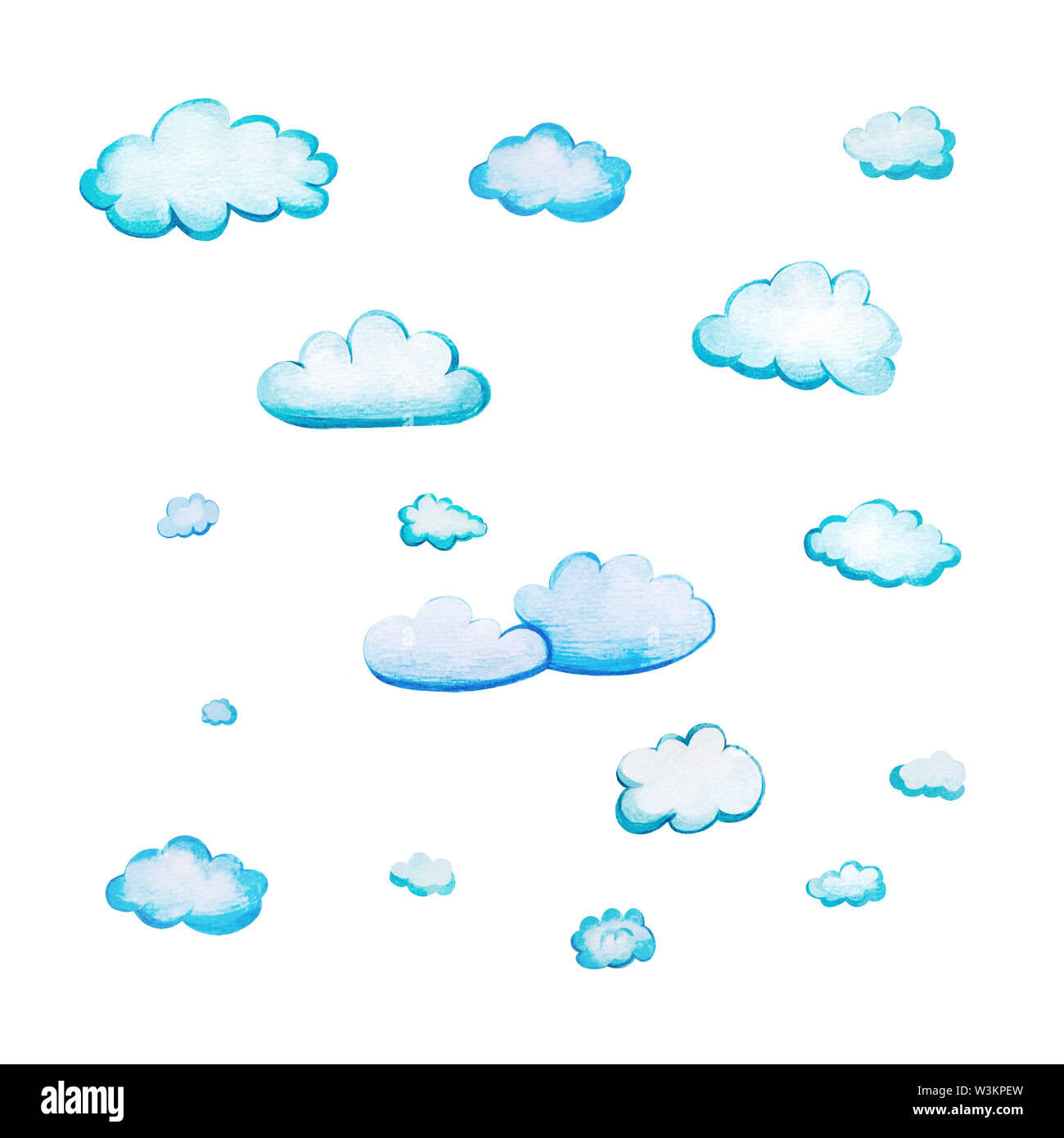 Impostare con acquarello cartoon nuvole. Diciassette bianco-blu di nuvole disegnate a mano e isolate su uno sfondo bianco. Morbidi forme arrotondate con wate Foto Stock
