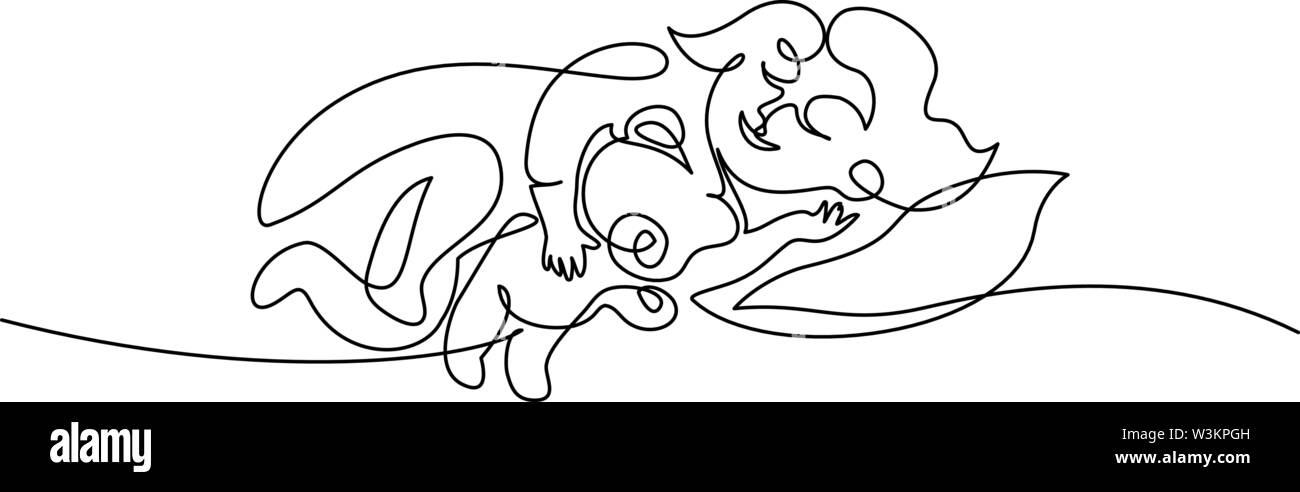 Una continua linea d'arte disegno sketch. Ragazza dorme. Illustrazione Vettoriale Illustrazione Vettoriale
