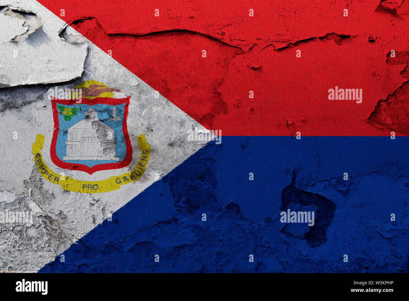 Sint Maarten bandiera dipinta sul incrinato grunge muro di cemento Foto Stock