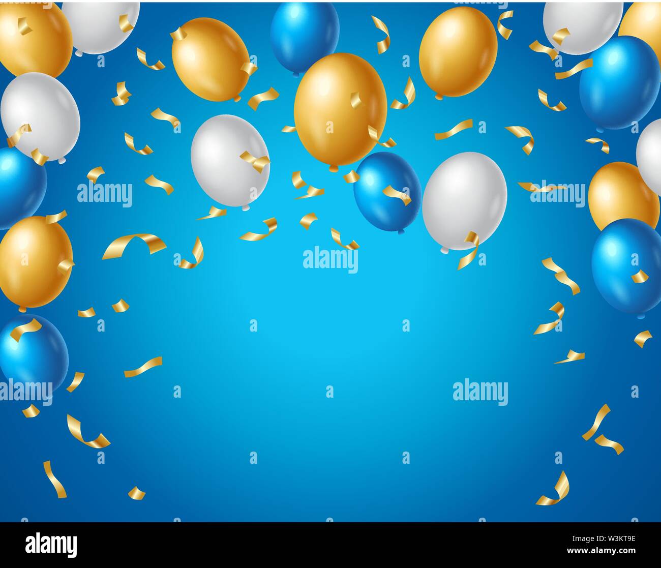 Colore blu, bianco e oro palloncini e coriandoli oro su sfondo blu con spazio per il testo. Compleanno colorato sfondo anniversario Illustrazione Vettoriale