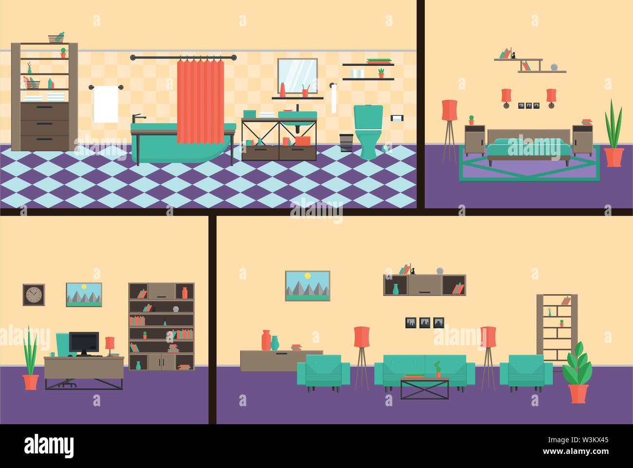 Interni ufficio, camera, bagno, soggiorno in stile moderno. Una serie completa di arredi e decorazioni per il cabinet vettore illustrazione piana. Illustrazione Vettoriale