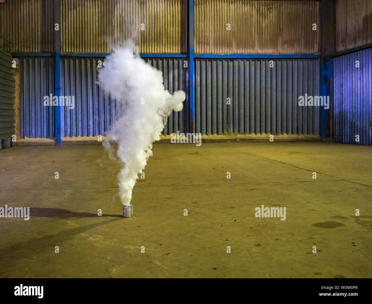 Prima del raccolto fumigazione di un deposito di grano agricolo usando un generatore di fumo di Actellic No. 20 per prevenire deterioramento di grano da insetti di peste Foto Stock