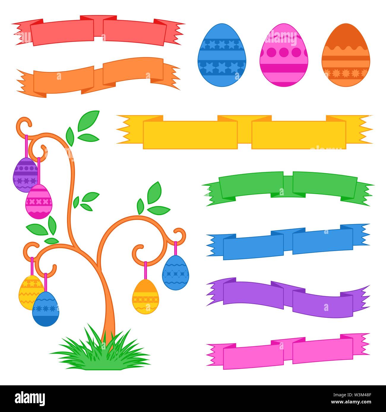 Set di colorate dolce isolato le uova di Pasqua e il nastro banner su sfondo bianco. Abstract festive tree. Piatto semplice illustrazione vettoriale. Adatto per Illustrazione Vettoriale