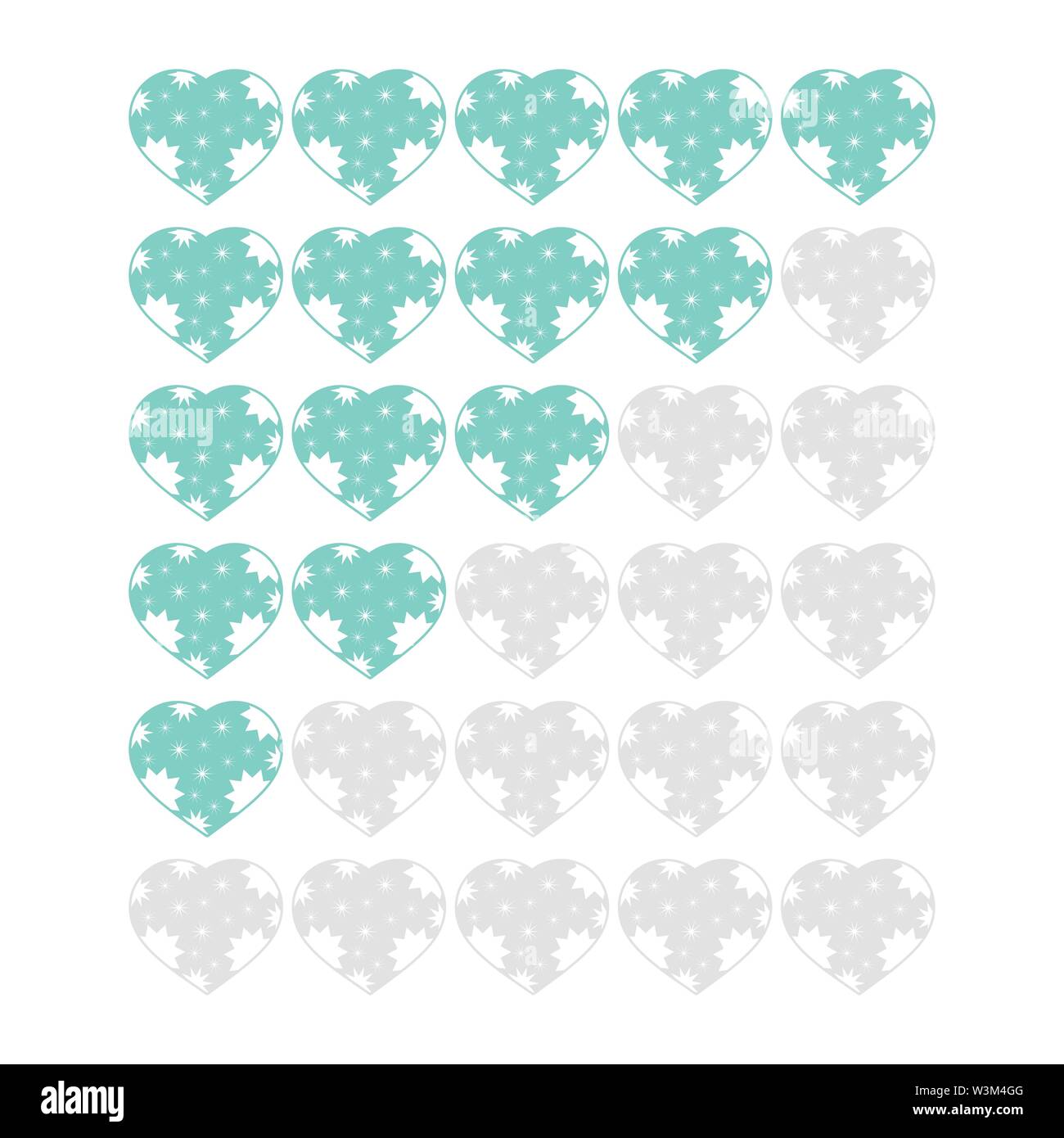 Cinque cuori icone di classificazione. Valutazione dell'hotel, servizio, prodotto di qualità. Risultati di livello o vite in gioco. Elemento dell'interfaccia. Semplice fla Illustrazione Vettoriale