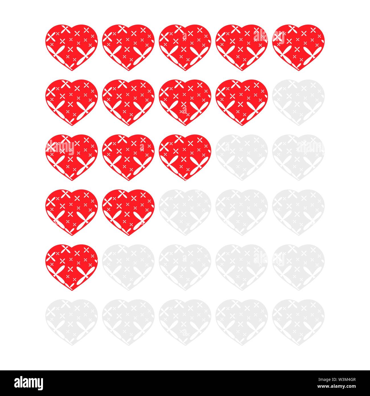 Cinque cuori icone di classificazione. Valutazione dell'hotel, servizio, prodotto di qualità. Risultati di livello o vite in gioco. Elemento dell'interfaccia. Semplice fla Illustrazione Vettoriale