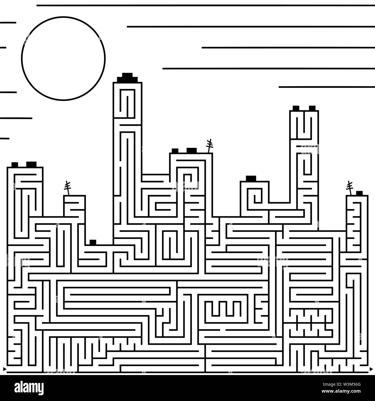 Abstract complex grande labirinto isolato in forma di edifici della città. Colore nero su uno sfondo bianco. Un interessante gioco per bambini. Semplice Illustrazione Vettoriale