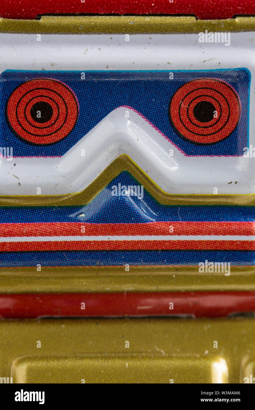 Foto macro di vintage robot testa giocattolo Foto Stock