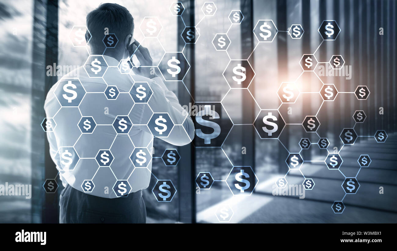 Icone di dollari, denaro la struttura di rete. ICO, commercio e investimenti. Foto Stock