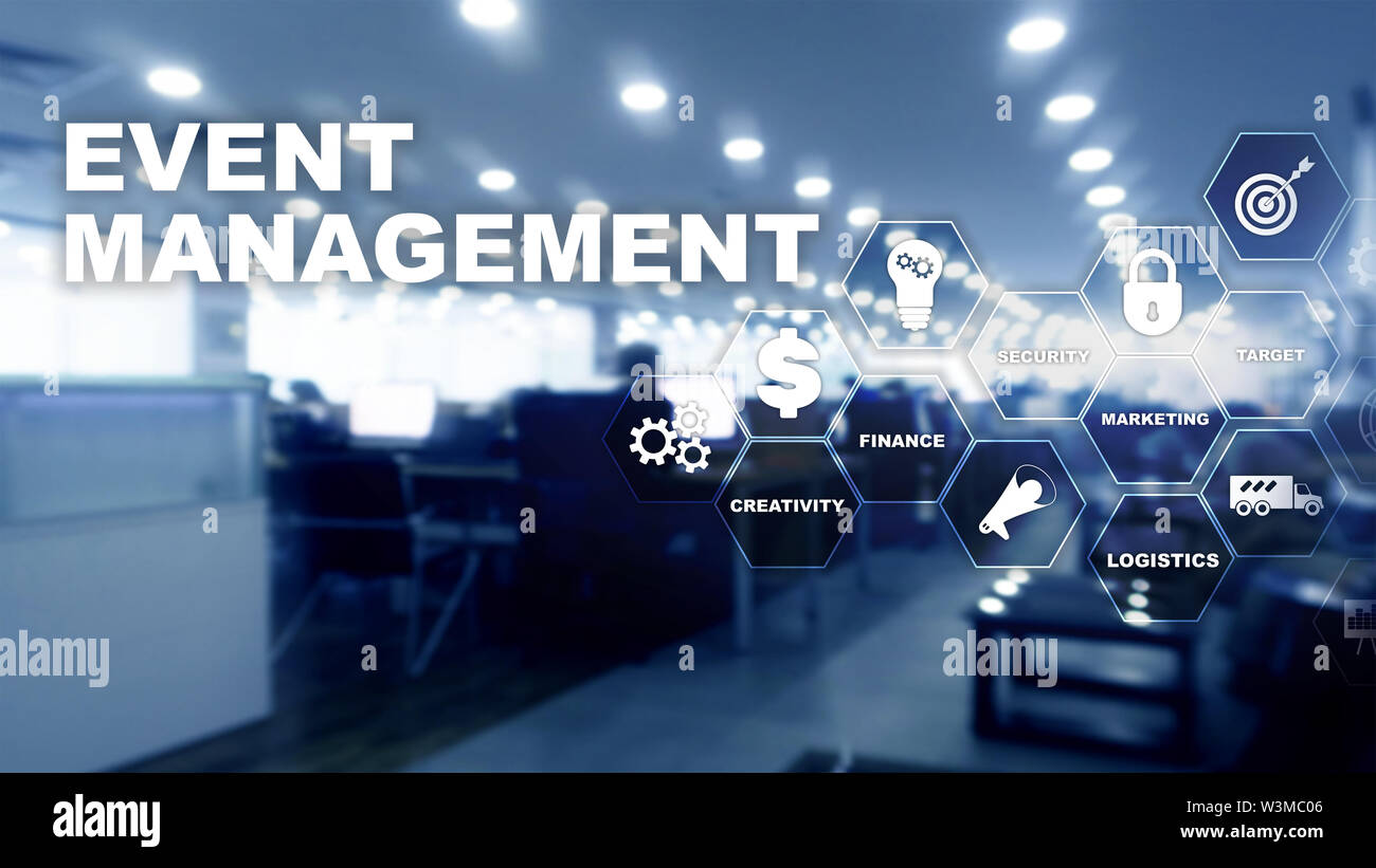 Gestione di eventi del concetto. Gestione di eventi del diagramma di flusso. La gestione degli eventi voci correlate. Mixed media business. Foto Stock