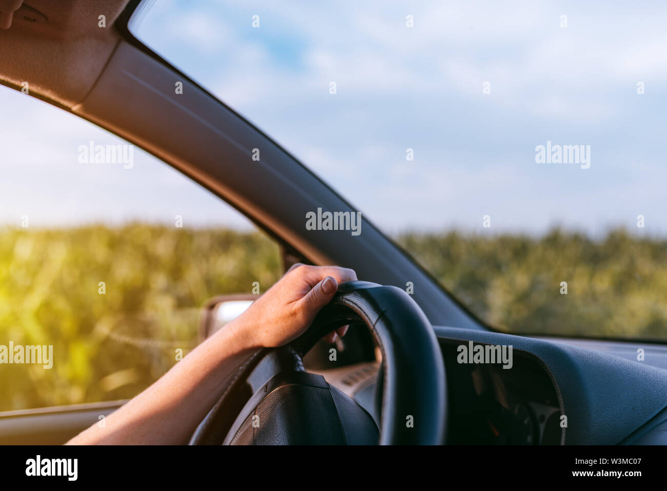 Auto di guida attraverso la campagna, femmina le mani sul volante di sterzo, close up con il fuoco selettivo Foto Stock