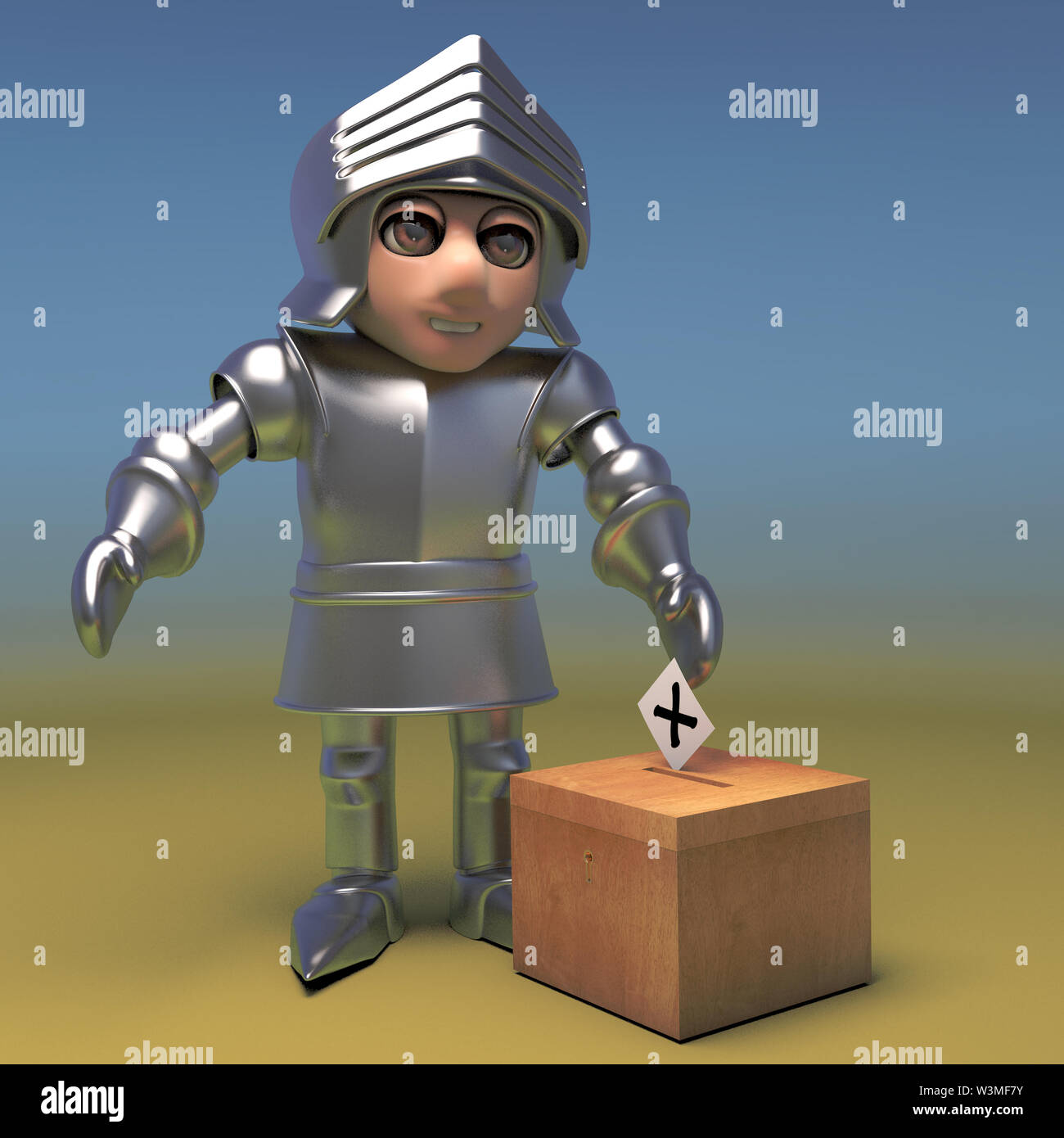 Eroico cavaliere medievale getta il suo voto in urne, 3D render illustrazione Foto Stock