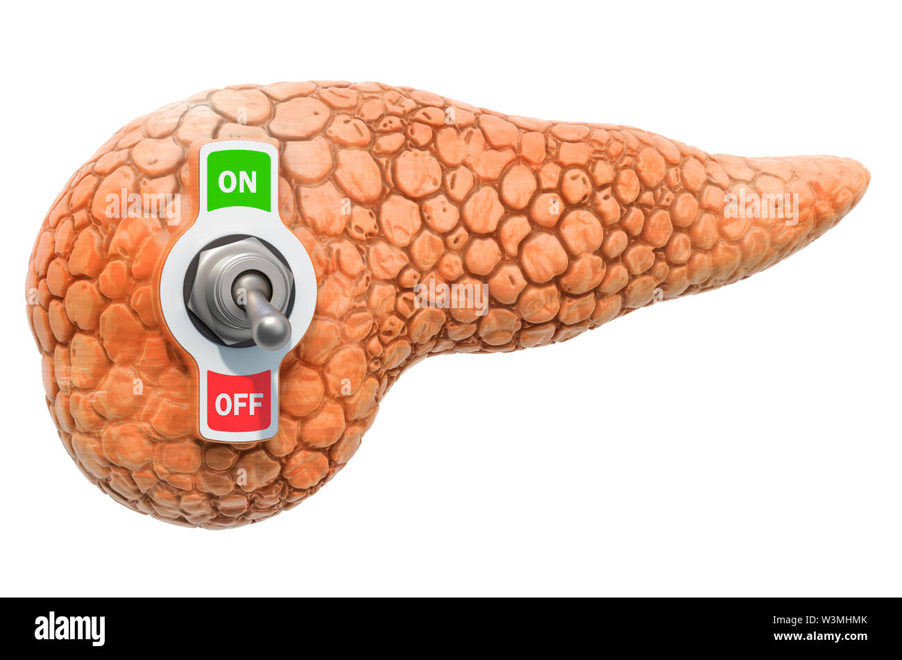 Il dolore pancreatico. Il pancreas con l'interruttore a levetta. 3D rendering isolati su sfondo bianco Foto Stock