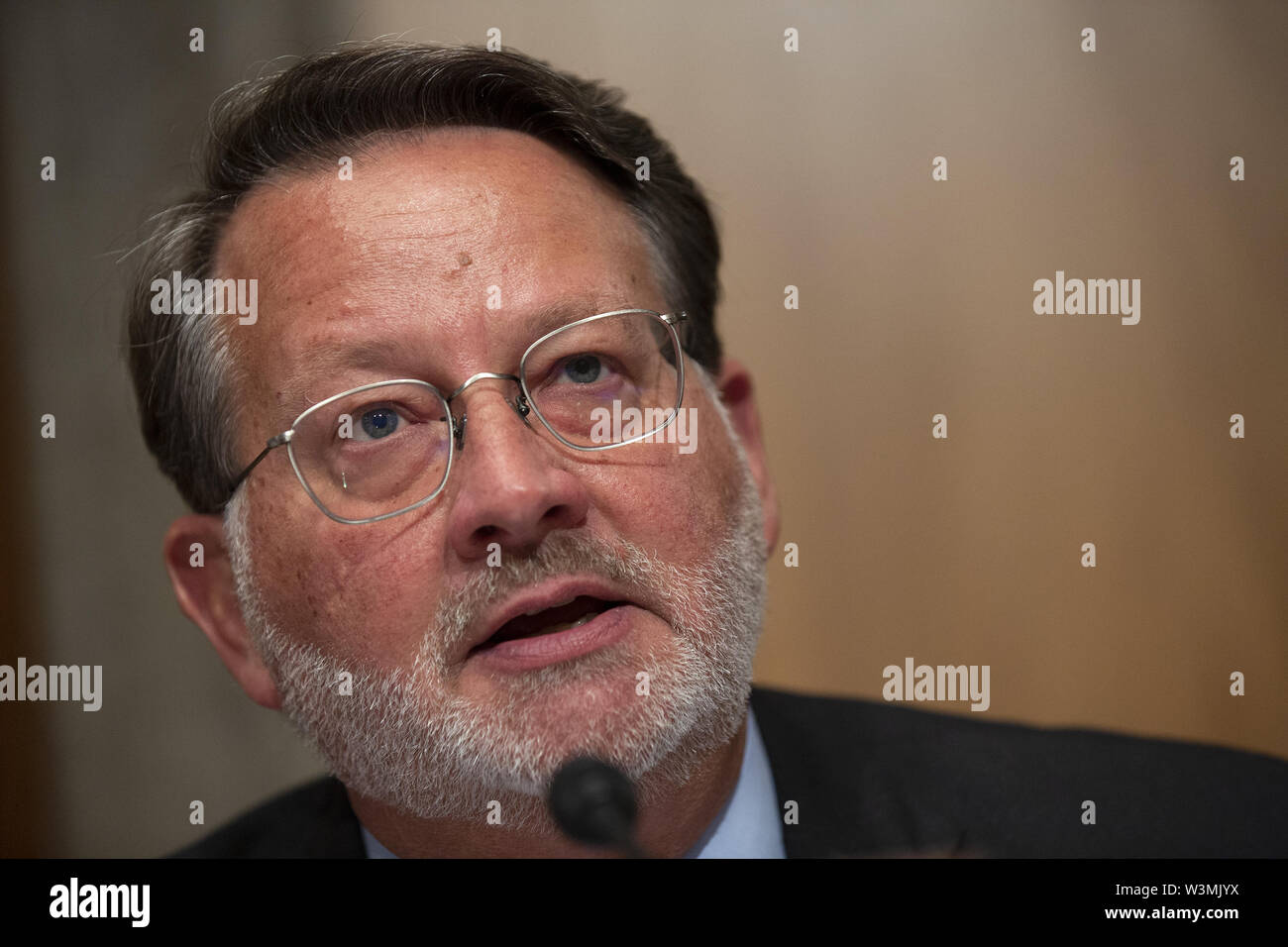 Washington, Distretto di Columbia, Stati Uniti d'America. 16 Luglio, 2019. Stati Uniti il senatore Gary Peters (Democratico del Michigan) parla durante gli Stati Uniti Comitato del Senato sulla sicurezza interna e gli affari governativi sul Campidoglio di Washington, DC, Stati Uniti il 16 luglio 2019, in cui si è discusso della sicurezza e la precisione del censimento 2020. Credito: Stefani Reynolds/CNP/ZUMA filo/Alamy Live News Foto Stock