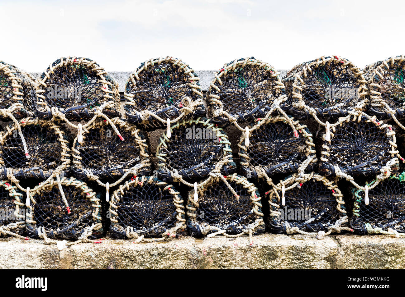 Attività di pesca del granchio cantra cesti gabbie in Newquay Harbour, Cornwall, Regno Unito Foto Stock