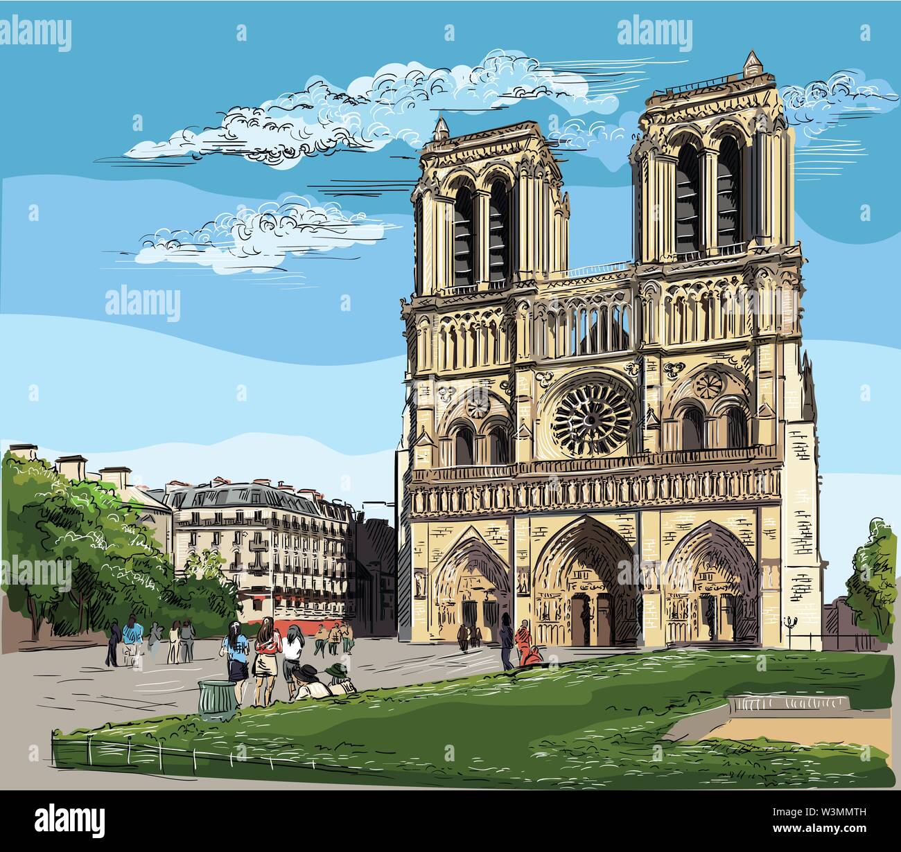Vettore colorato disegno a mano illustrazione della cattedrale di Notre Dame (Parigi, Francia). Punto di riferimento di Parigi. Paesaggio con la cattedrale di Notre Dame. Illustrazione Vettoriale
