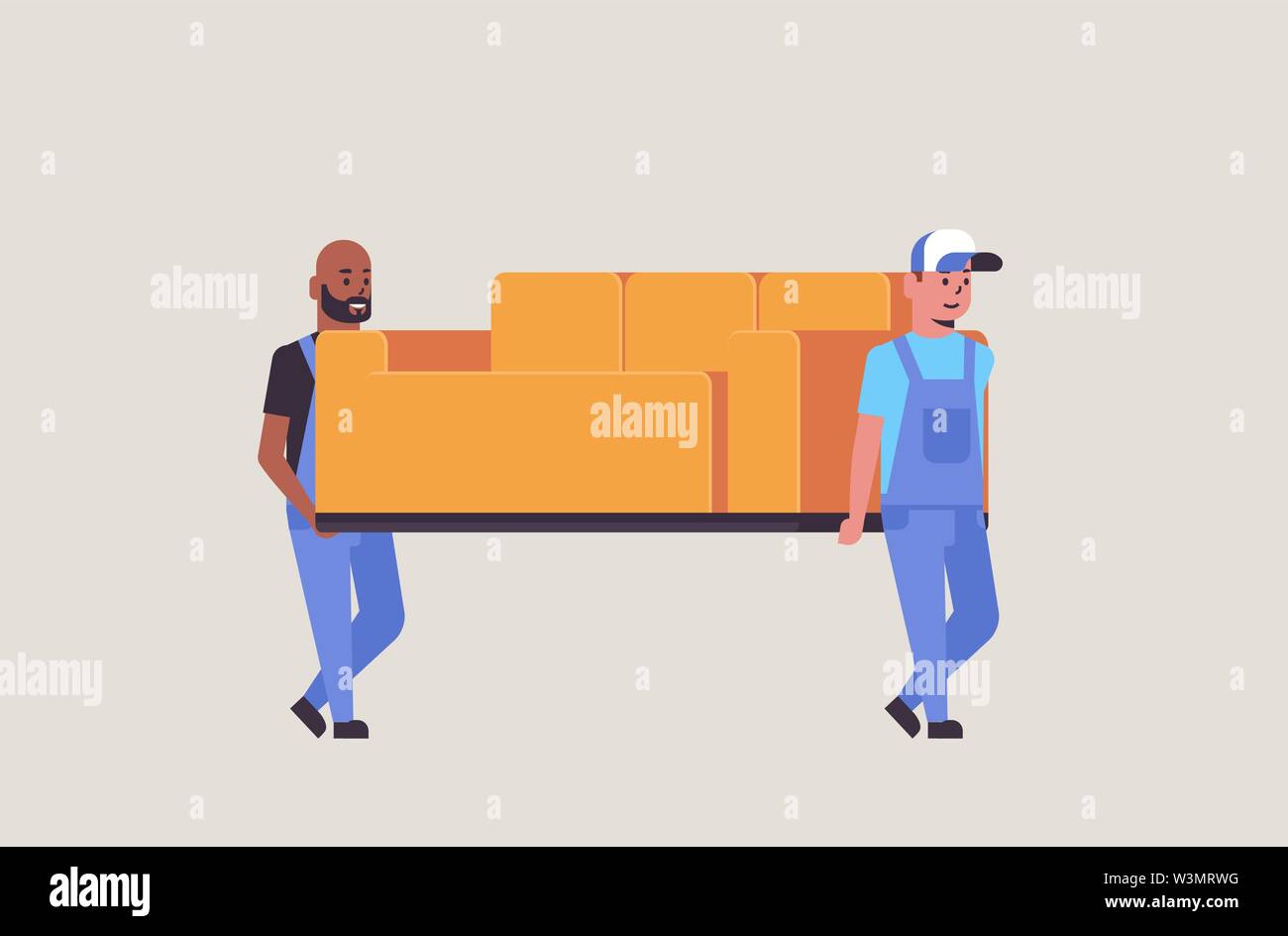 Due mix gara corrieri in uniforme di spostamento lettino servizio di consegna express concetto mobili professionali movers azienda nuovo divano flat a piena lunghezza Illustrazione Vettoriale