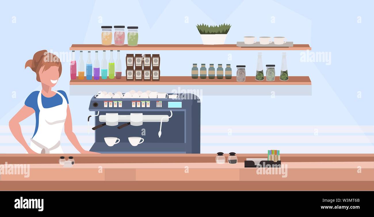 Donna cafe cameriera barista in grembiule in piedi al bancone scrivania moderna caffetteria interno piatto orizzontale verticale Illustrazione Vettoriale