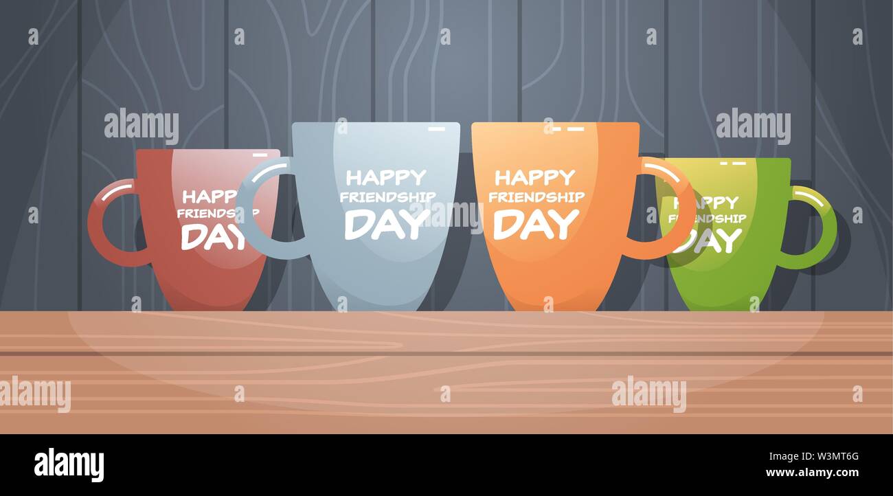 Tazze colorate sul tavolo di legno con testo felice amicizia day celebrazione concetto orizzontale piana Illustrazione Vettoriale