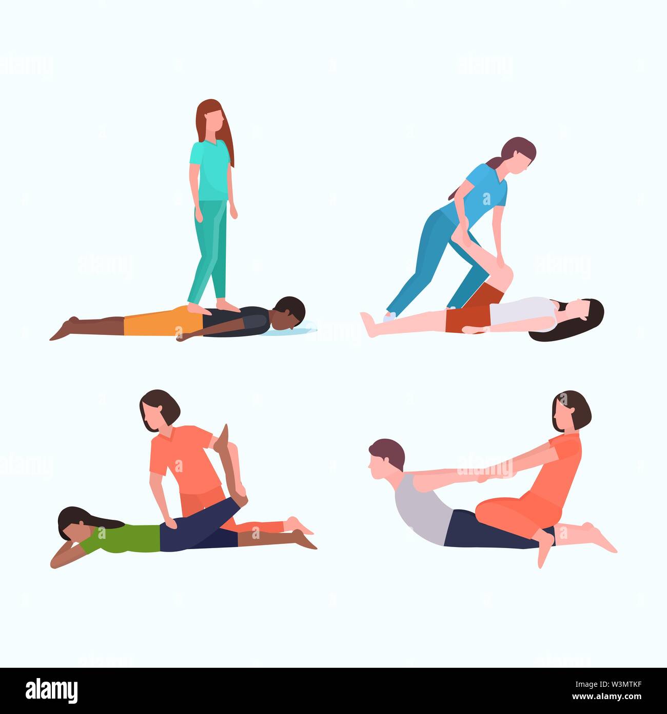 Impostare personal trainer facendo esercizi di stretching con pazienti istruttore di fitness ad aiutare il paziente a tendere i muscoli pone diversi concetti di allenamento Illustrazione Vettoriale