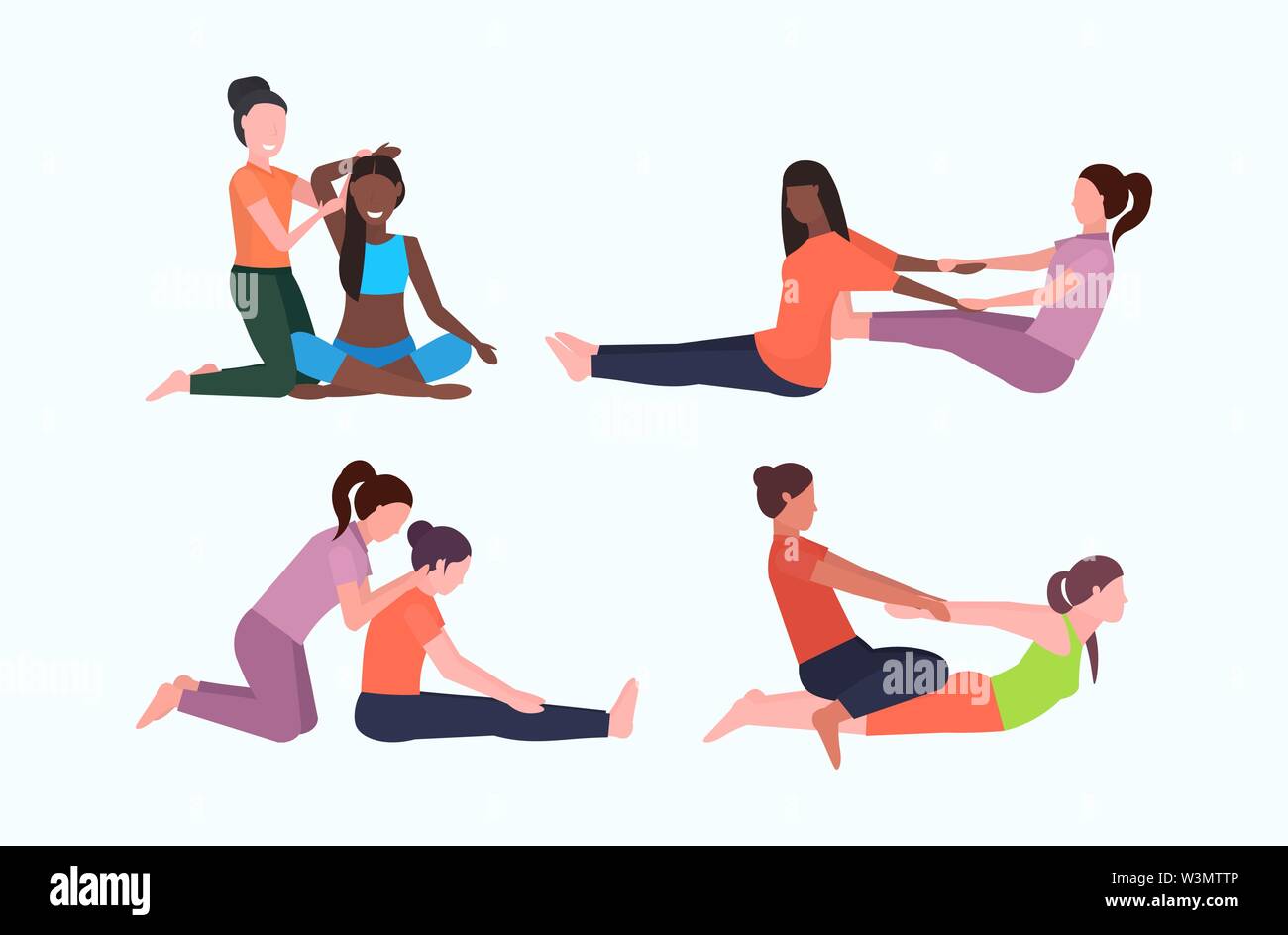 Impostare personal trainer facendo esercizi di stretching con ragazza istruttore di fitness ad aiutare la donna a tendere i muscoli pone diversi concetti di allenamento Illustrazione Vettoriale