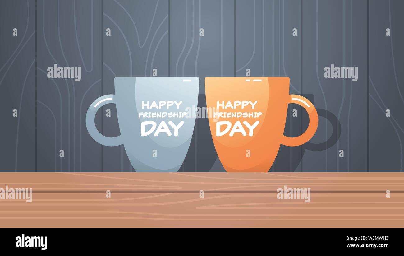 Due tazze sul tavolo di legno con testo felice amicizia day celebrazione concetto orizzontale piana Illustrazione Vettoriale