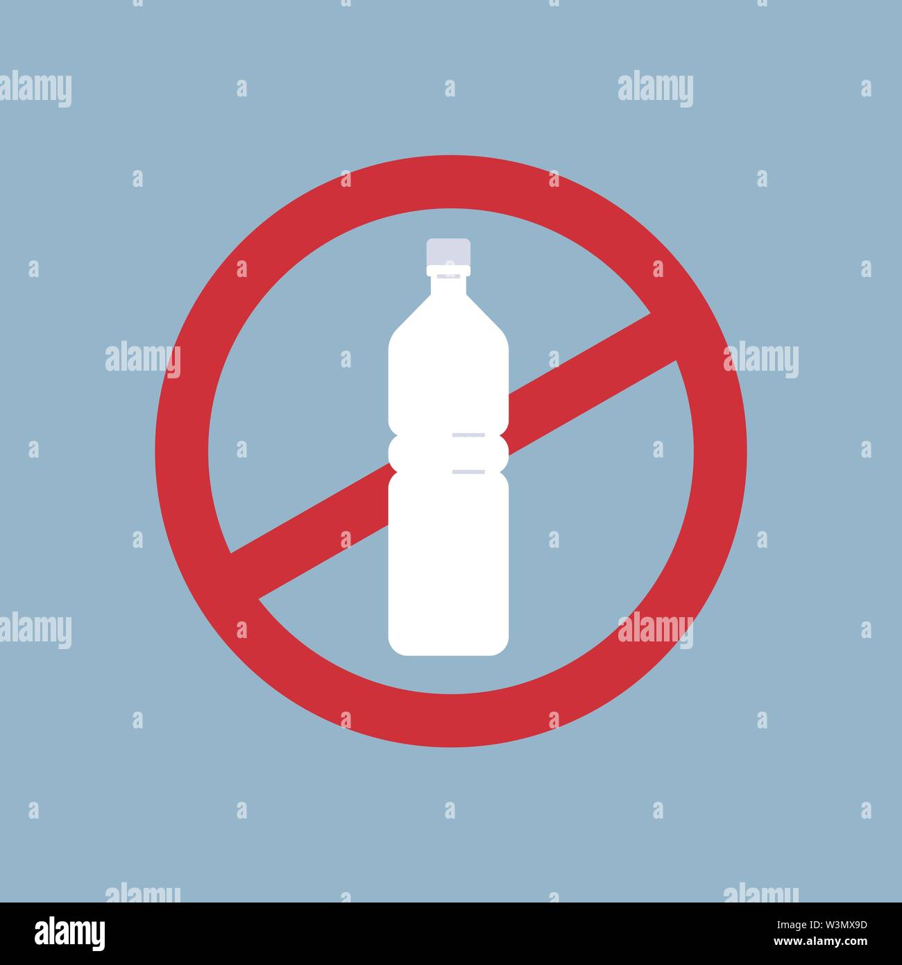 Dire no alla bottiglia di plastica poster inquinamento ecologia riciclaggio problema salvare il concetto di massa segnale di divieto flat Illustrazione Vettoriale