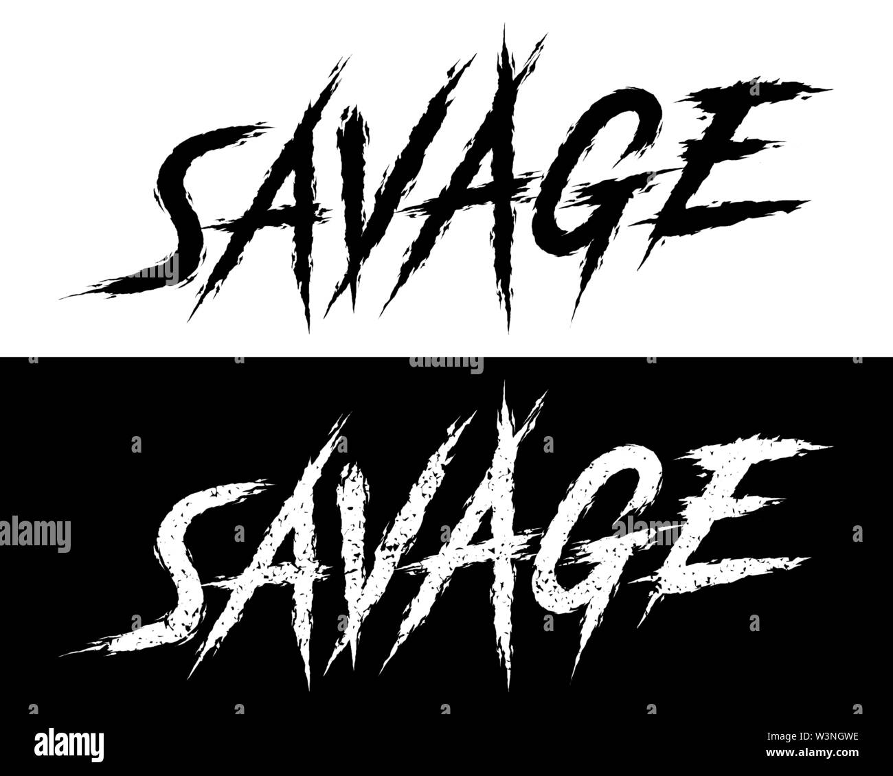 Savage. Set di 2 Spazzola lettere dipinte su sfondo isolato. In bianco e nero, solido e turbati. Illustrazione Vettoriale per t shirt design, stampa p Illustrazione Vettoriale