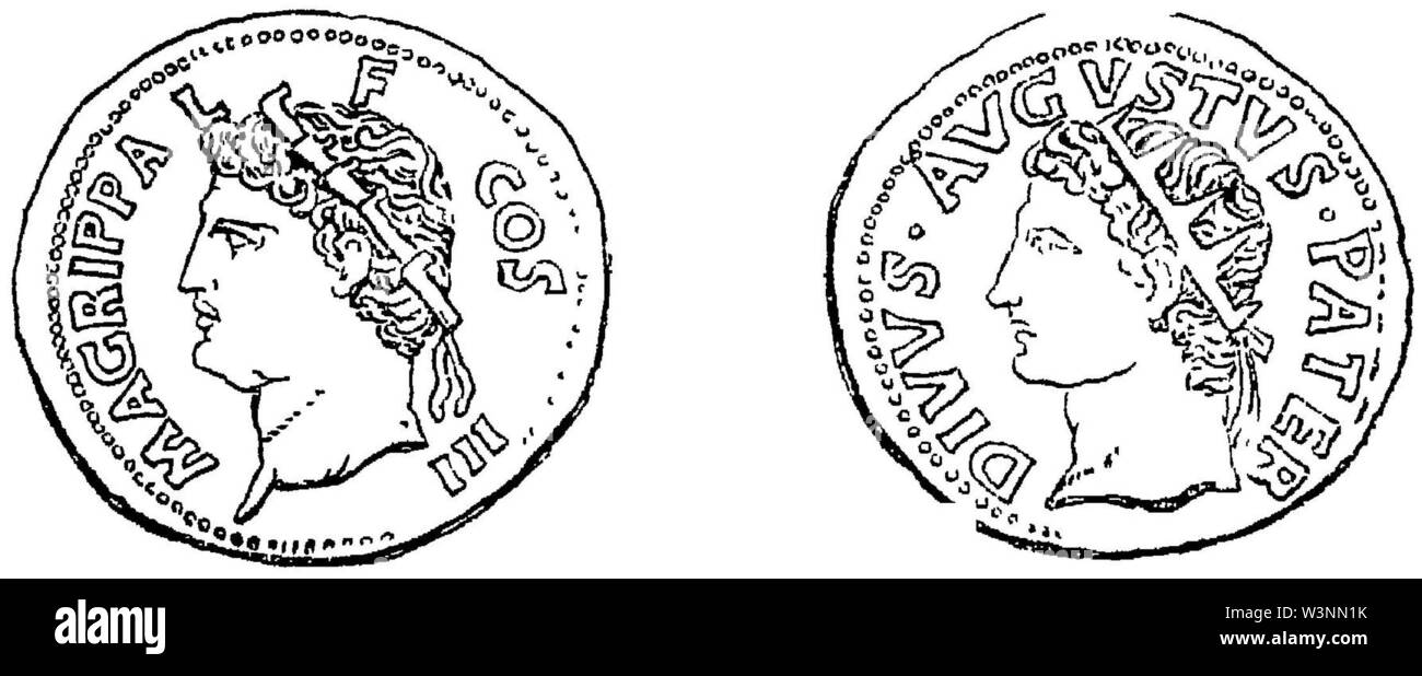 Monete di Agrippa e di Augusto. Foto Stock