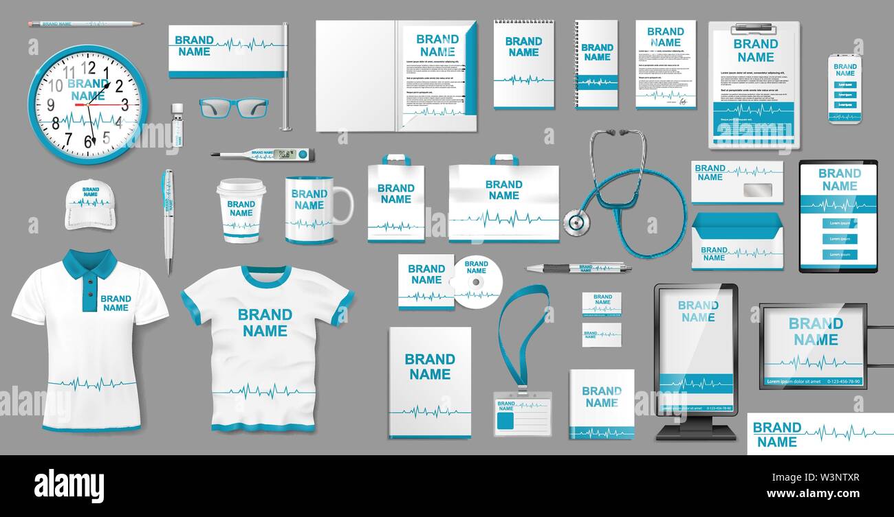 Centro medico o farmacia Branding identity design. Farmacia cartoleria mockup agli elementi del modello, brochure, pubblicità città lightbox, maglietta. Vettore Illustrazione Vettoriale