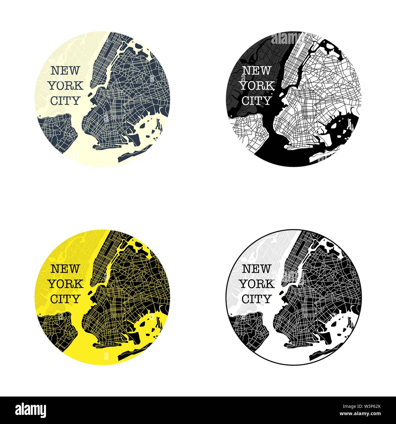 Set di quattro diversi circle New York City simboli mappa Illustrazione Vettoriale