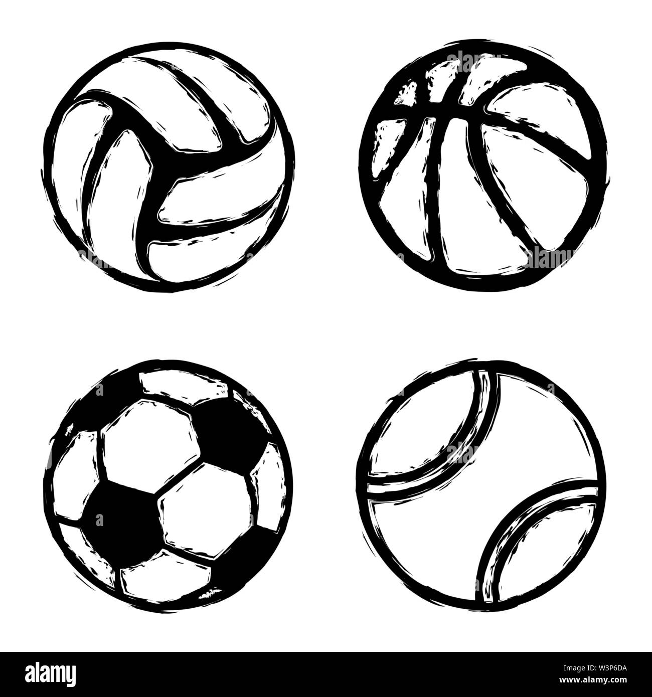 Nero grunge sport diverse sagome a sfera isolato su bianco Illustrazione Vettoriale