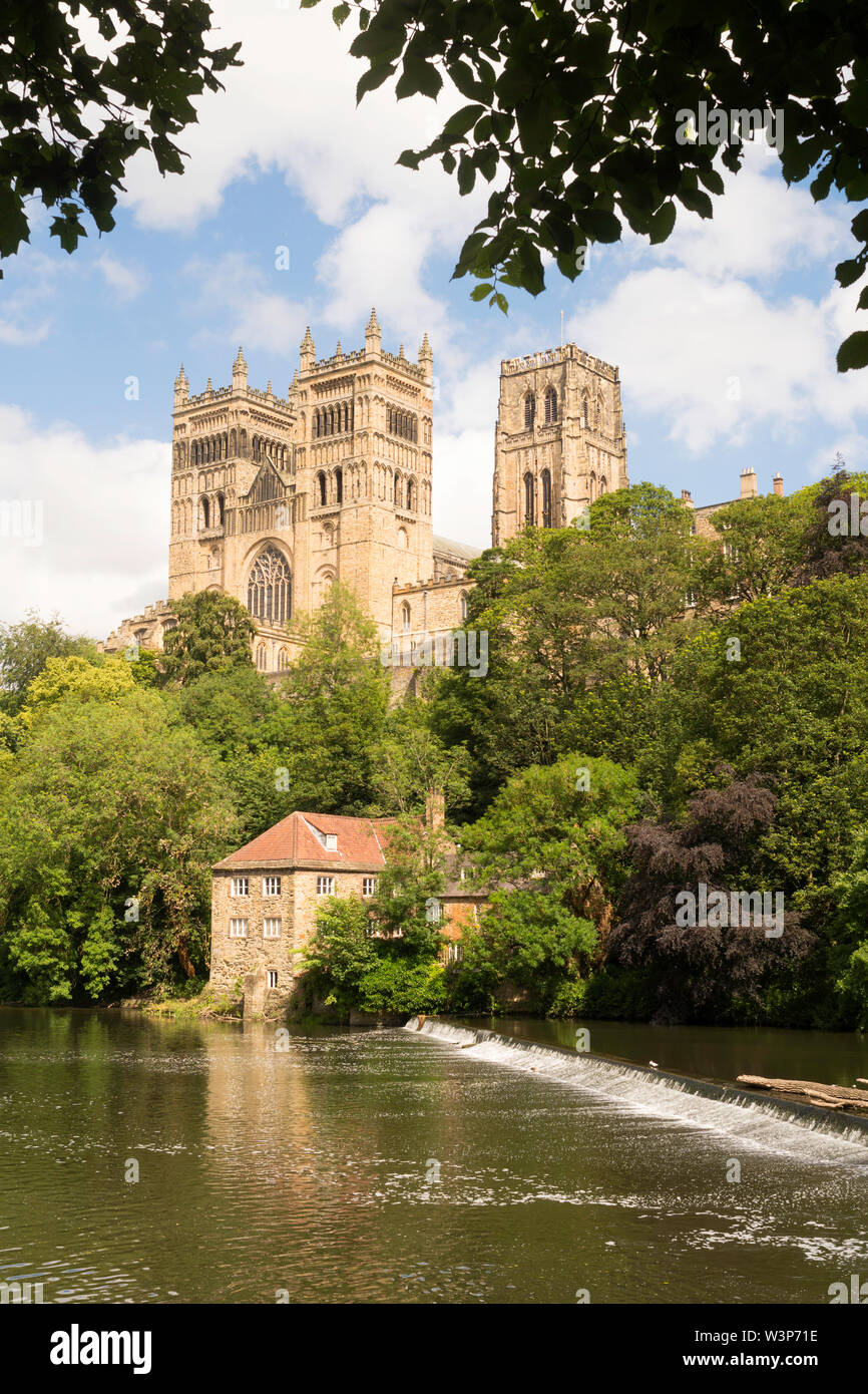 La Cattedrale di Durham e vecchi Fulling Mill si vede attraverso il fiume usura in Durham City, England, Regno Unito Foto Stock