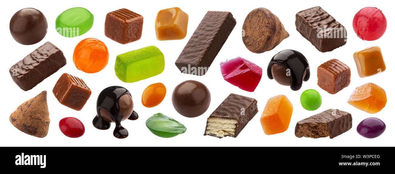 Varie jelly canditi, caramello, lecca-lecca isolati su sfondo bianco Foto Stock