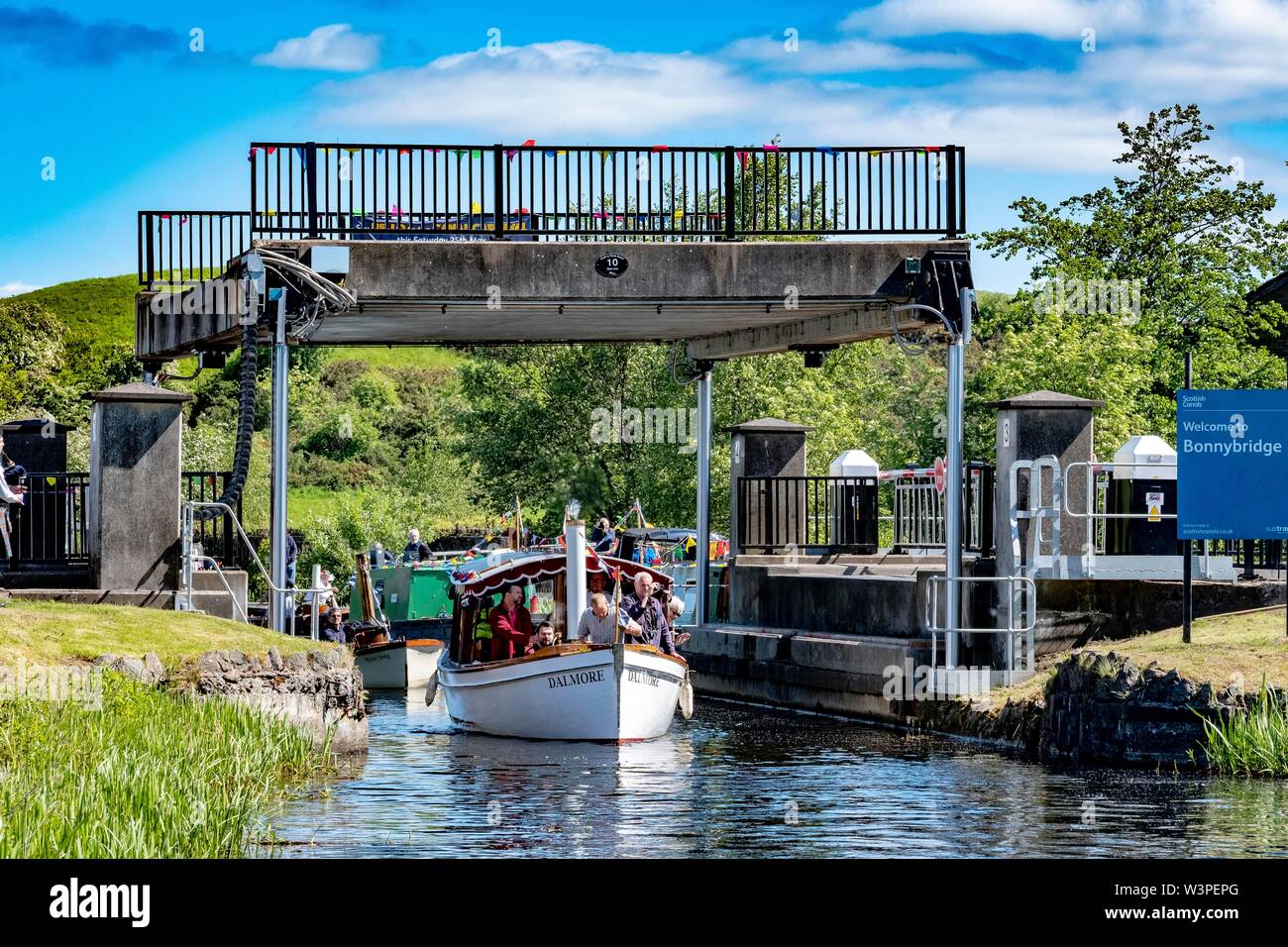 Barche che passano sotto un ponte elevatore sul Forth e Clyde canale Foto Stock