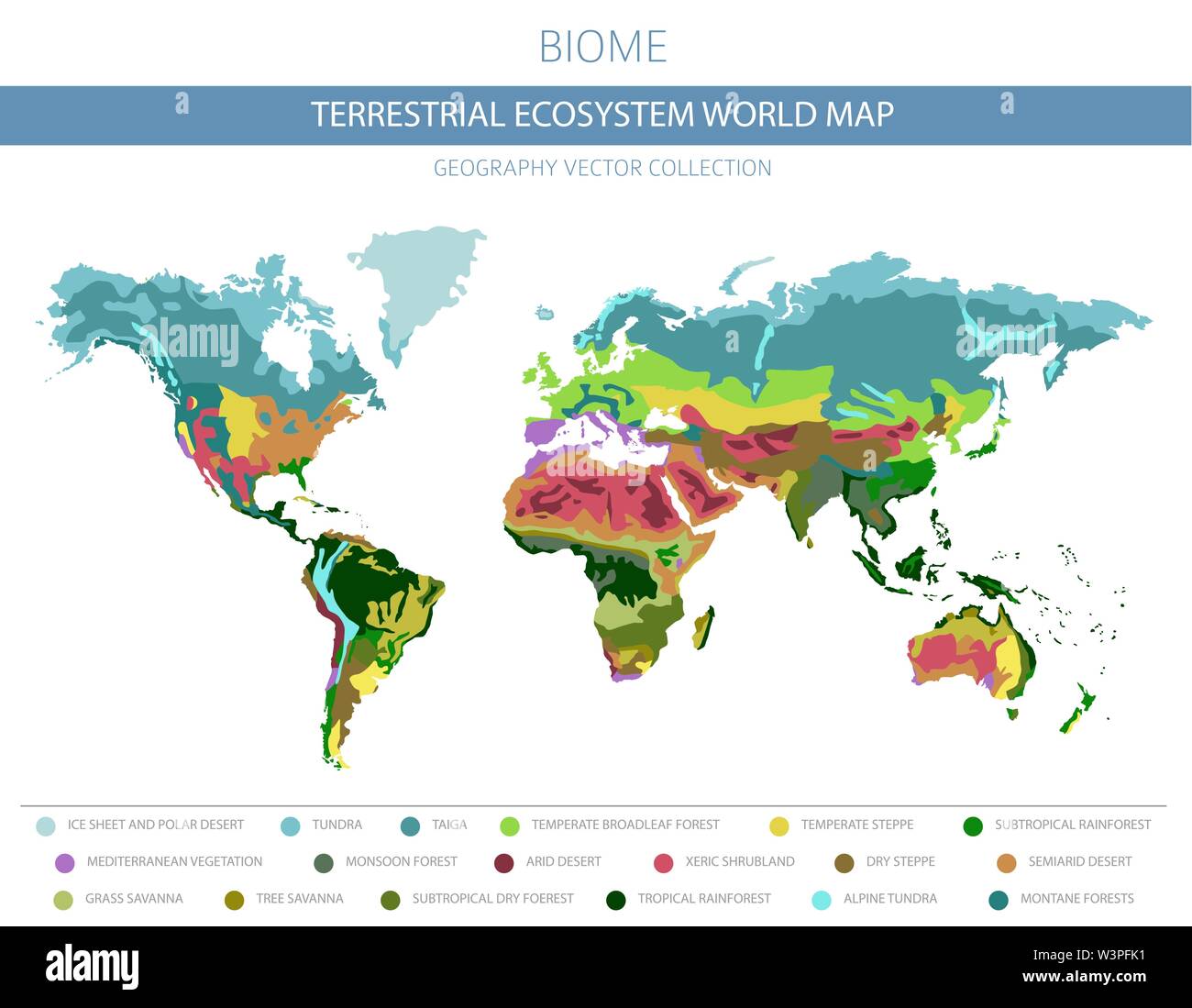 Ecosistema terrestre mappa del mondo. Biome. Mondo zona climatica ed infografico design. Illustrazione Vettoriale Illustrazione Vettoriale